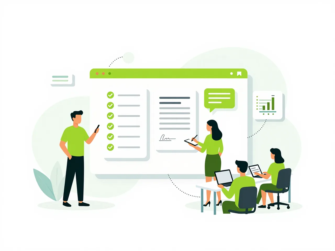 Illustration: a whole office working on one system, someone approving on a phone, someone signing a contract, a team following shared figures.